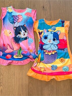 Pink Girls' Nightgown with Colorful Mermaid Cat Print